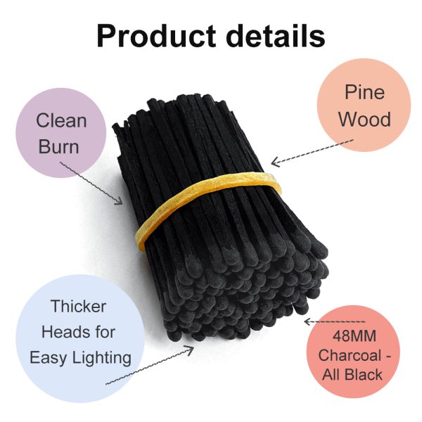 2 Inch Black Wooden Safety Matches (100 Sticks) - Charcoal Wedding & Candle Matches - 48mm with Striker - Long Lasting Fire Starter for Home/Party - Image 2