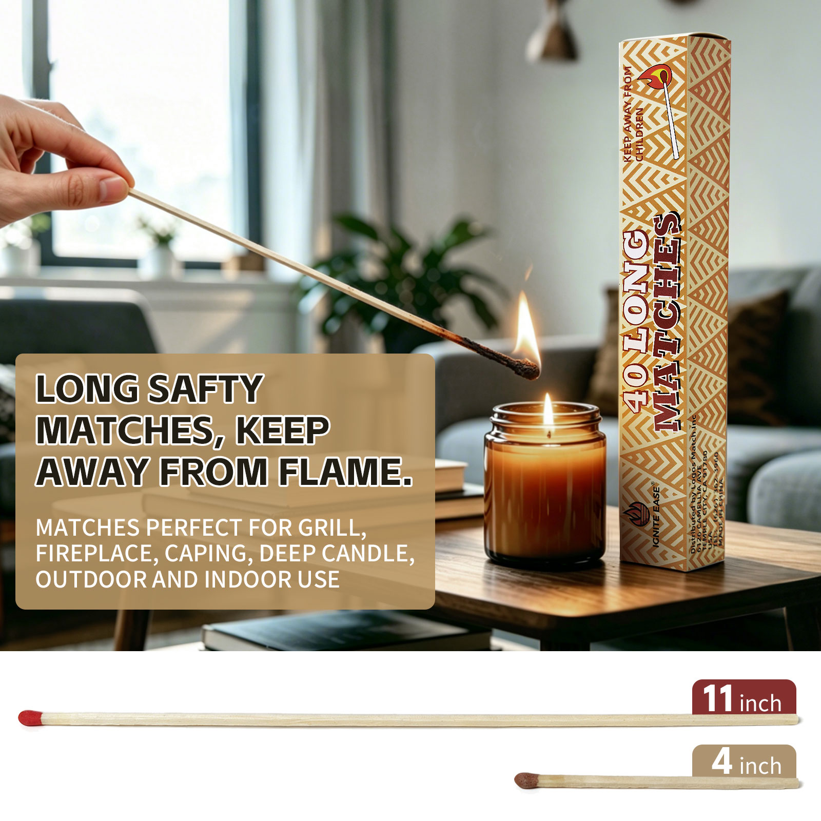 11" Long Safety Matches - 40 Count Matches Strike in Box, Red Tip Wooden Matches for Candles, Fireplace, Camping, Decorative Use with Matches Box and Striker Pads - Image 3