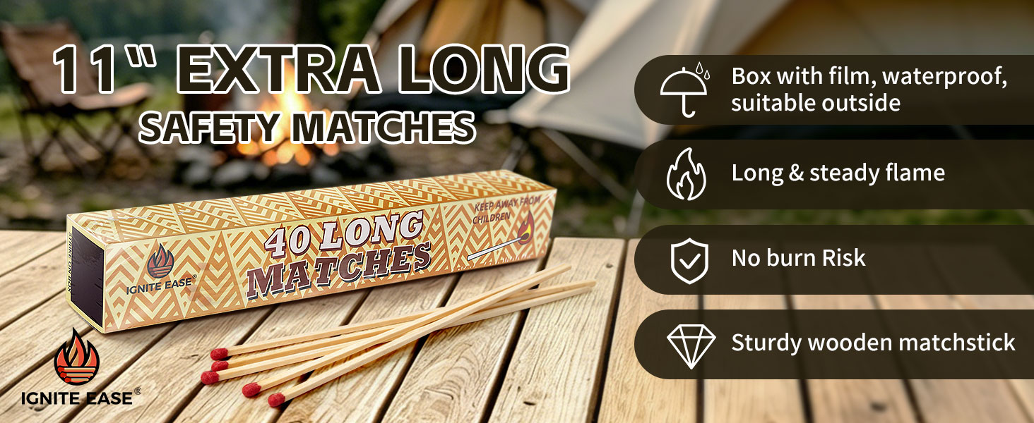 11" Long Safety Matches - 40 Count Matches Strike in Box, Red Tip Wooden Matches for Candles, Fireplace, Camping, Decorative Use with Matches Box and Striker Pads - Image 9